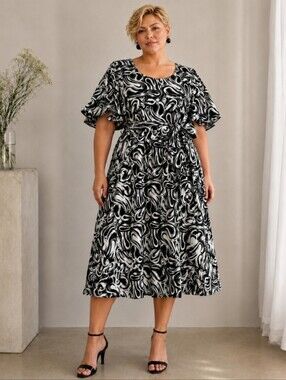 Bogner | Black & White Geometric Print Dress | Tulip Sleeves | Quiet Luxury Plus